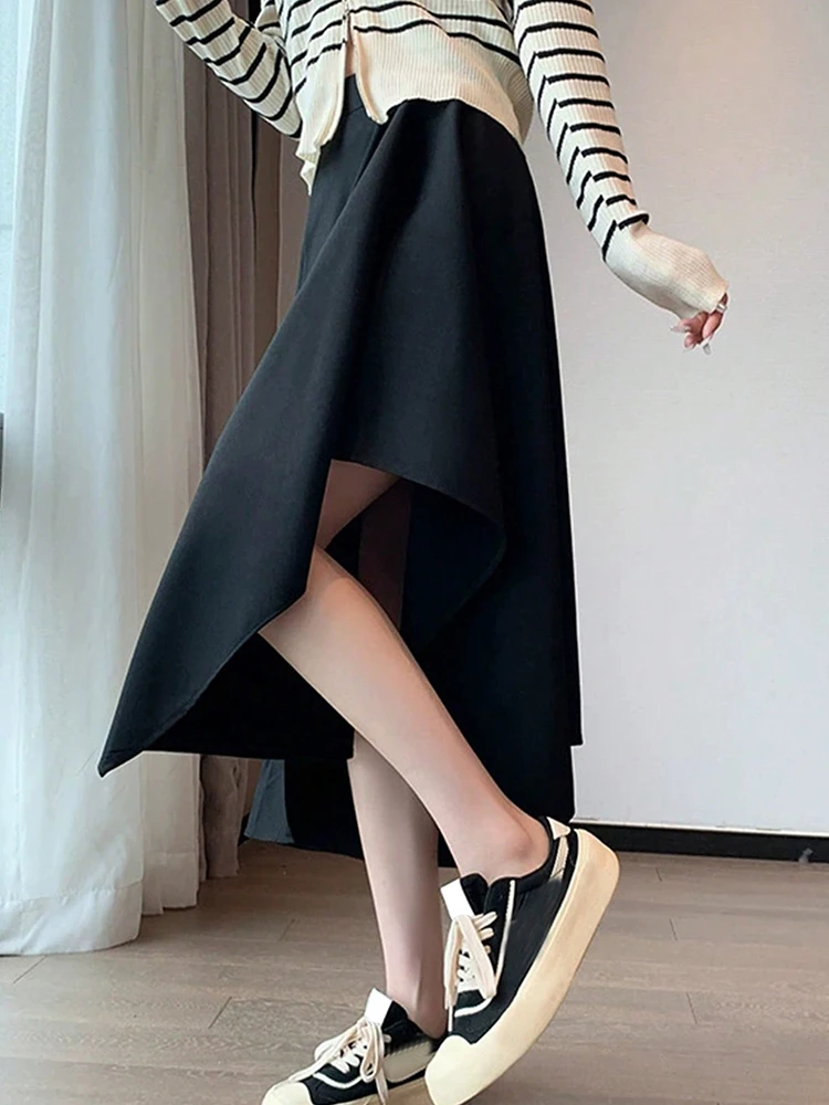 أنيق الصلبة الأسود غير النظامية التنانير للنساء Preppy المدرسة نمط عالية الخصر ألف خط تنورة طويلة ملابس امرأة التنانير النسائية