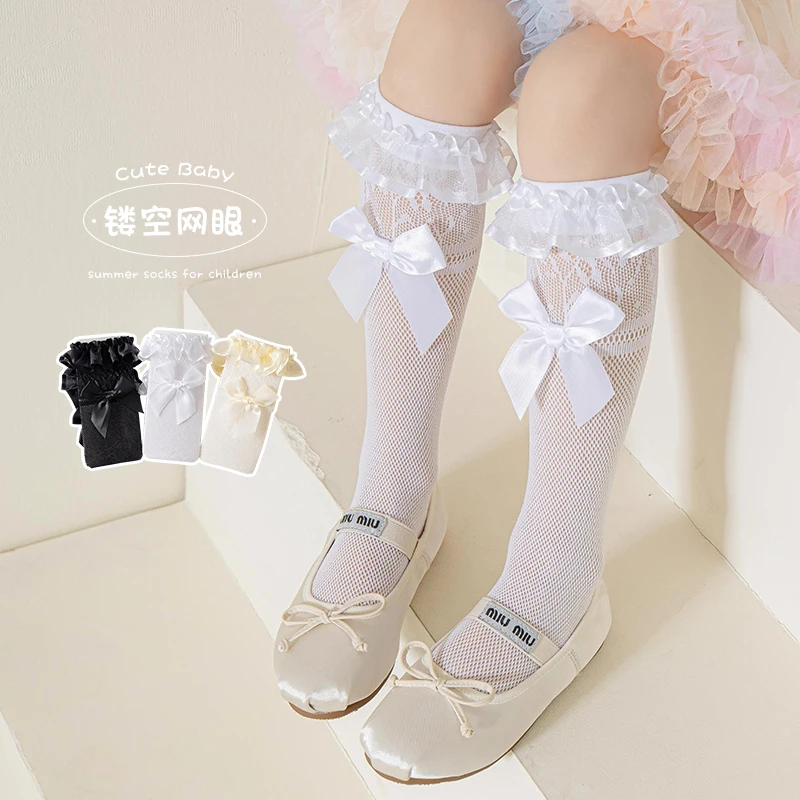 Summer Thin Lolita Kids Long Socks With Large Bowknot Sheer Mesh Tulle Lace Trim Light Breathable Elastic Daily Outfit Stockings
