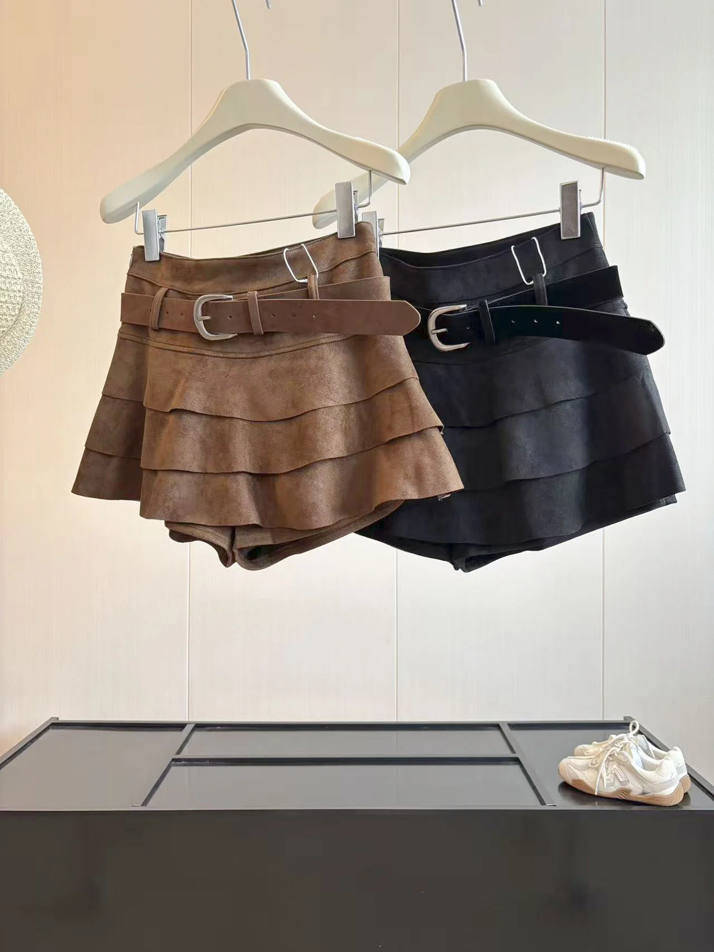 High Waist A-Line  Skirt Women's Autumn Suede Cake Style Slimming Belted Skirts Polyester Fiber Standard Fit 18-24 Years Old