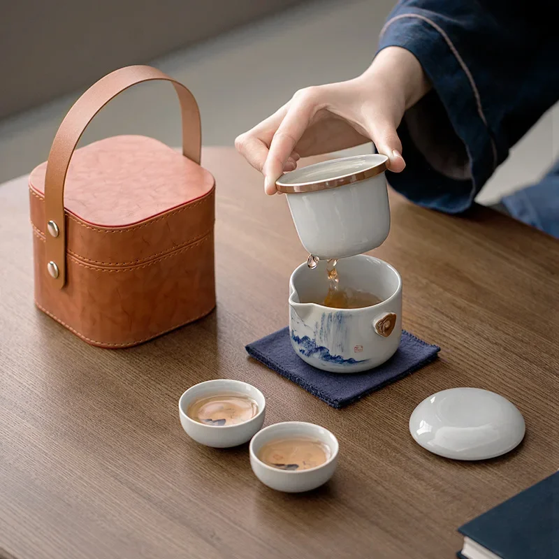 Hand-painted Landscape Travel Tea Set One Pot and Two Cups Set Underglaze Color Outdoor Convenient Quick Cup Camping Tea Maker