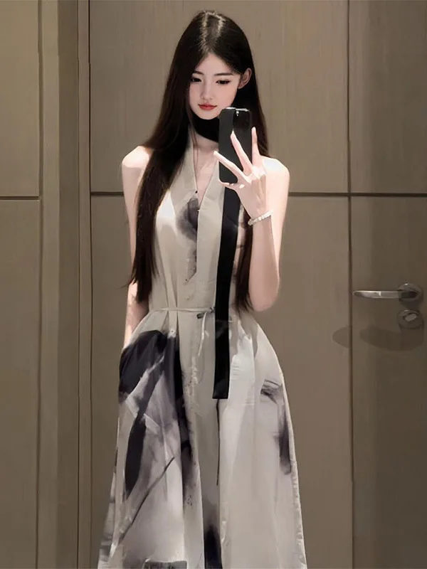 

New Chinese Style Water-Mark Print Sleeveless V-Neck Dress High Waist A-Line Summer Casual Korean Fashion Mid-Length Dress