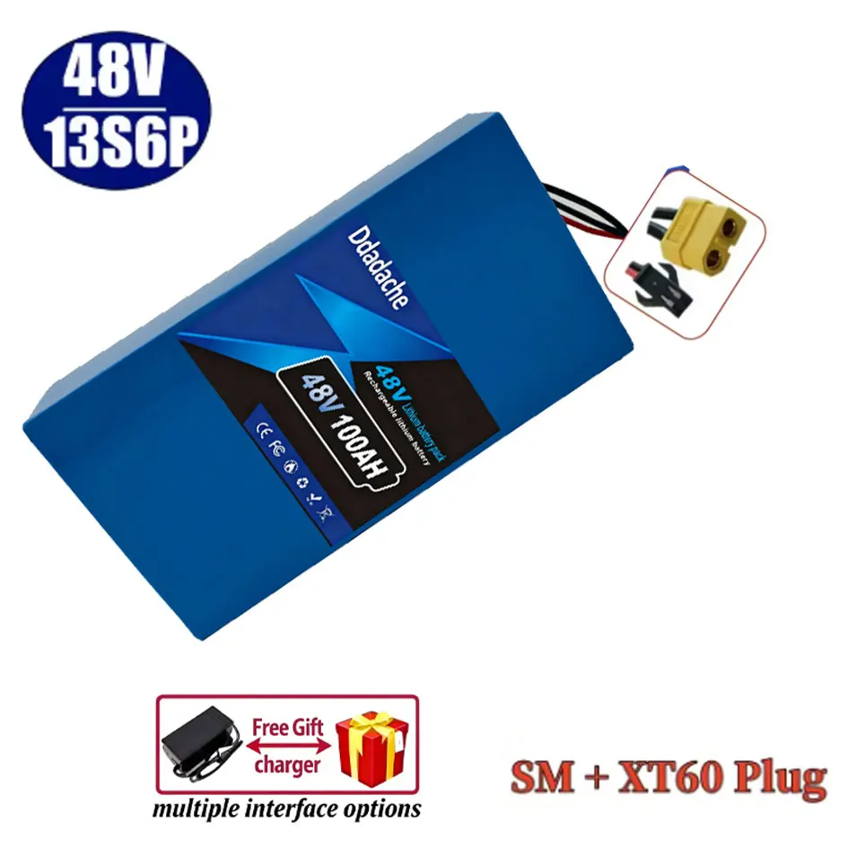 18650 Batterijpakket 13S6P Lithium Batterijpakket 48V 100Ah 2000W Citycoco Scooter Batterijen Ingebouwde 50A BMS Aanpasbare stekker