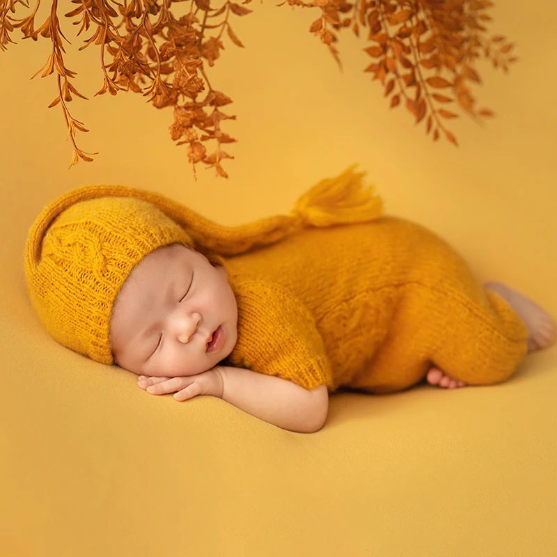 INS Style Baby Photography Woolen Wrap Newborn Photo Handmade Knitted Hat Jumpsuit Set Baby Posing  Autumn Theme Pumpkin Props