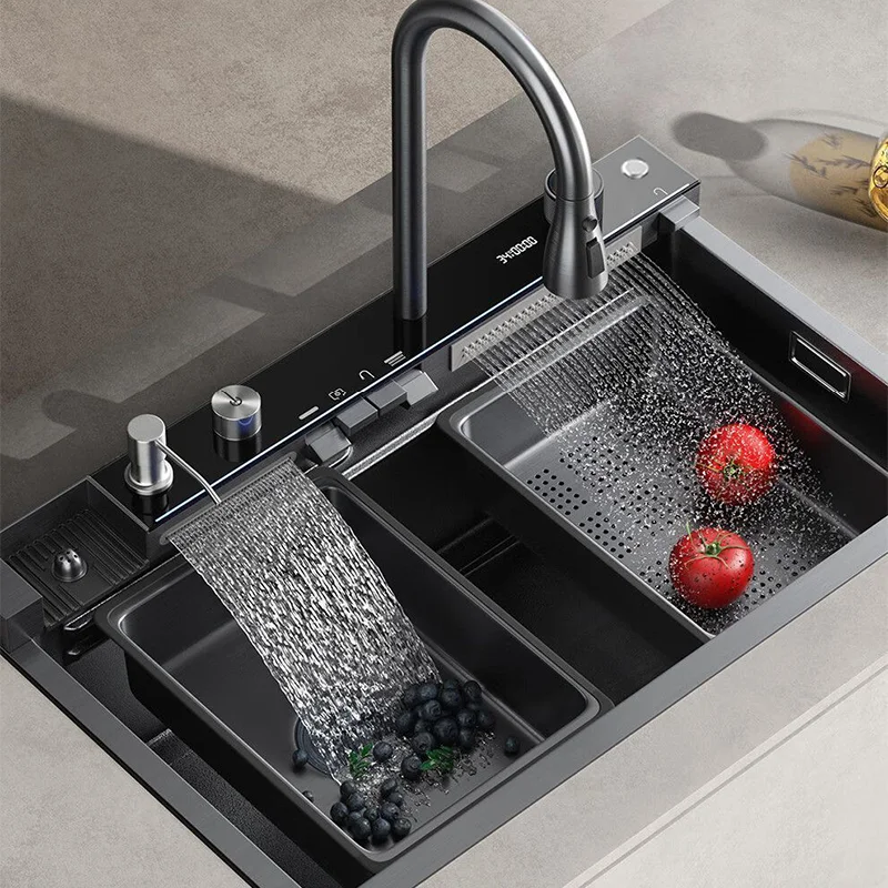 

Кухонная мойка из нержавеющей стали с водопадным изливом и выдвижным смесителем, многофункциональная рабочая станция для домашней кухни
