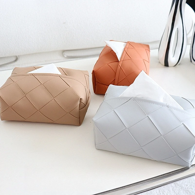 Light Luxury Woven Pattern Storage Box Rhombus Living Room Car Paper Box Napkin Paper Desktop Leather Tissue Holder Organizer