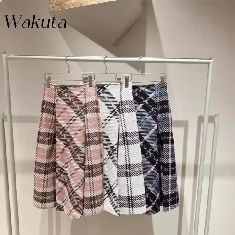 WAKUTA Japanese Retro High-waisted Faldas Plaid A-line Skirts Autumn/Winter Casual Versatile Wool Tweed Yarn Thin Skirts 니트 스커트