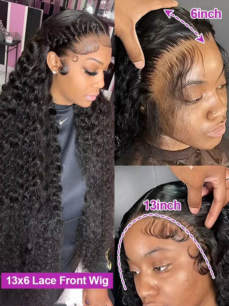 Peruca Frontal de Renda com Ondas Profundas de 40 Polegadas, Cacheada Kinky, 13x4 13x6, Renda HD, 100% Cabelo Humano, Perucas com Ondas de Água, Densidade 250