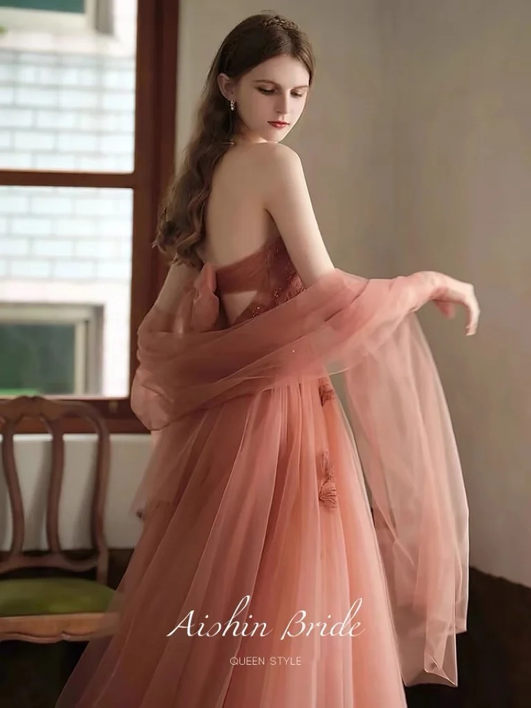 Orange Pink Evening Dress Strapless Puff Sleeves Luxury Beading Tulle Applique A Line Wedding Party Celebrity Prom Gown 2023 New