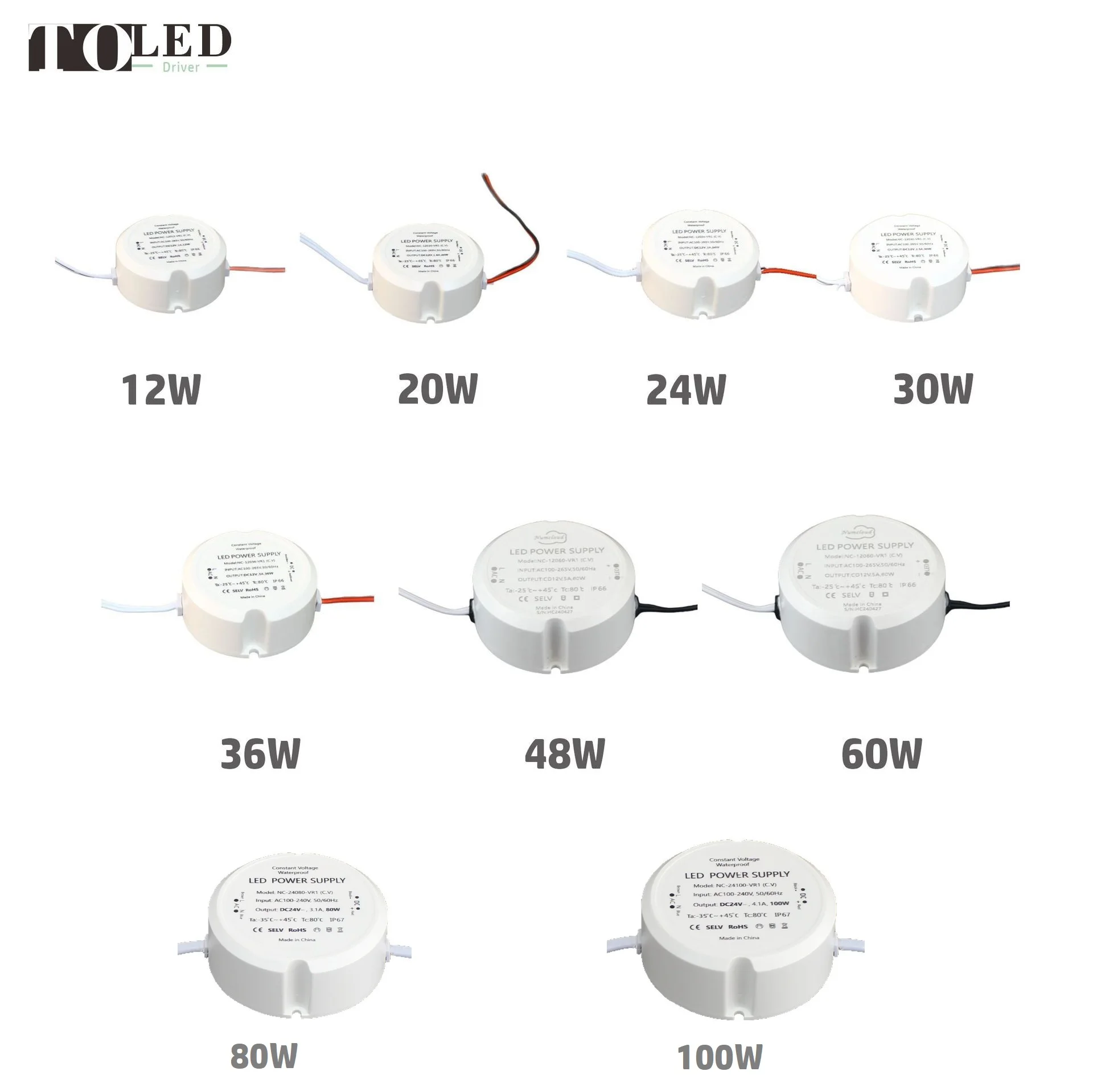 Ready to Ship C.V DC12V 24V 12W20W24W30W36W48W60W80W100W Mini Round LED Driver Power Supply Lighting Transformer Waterproof IP66