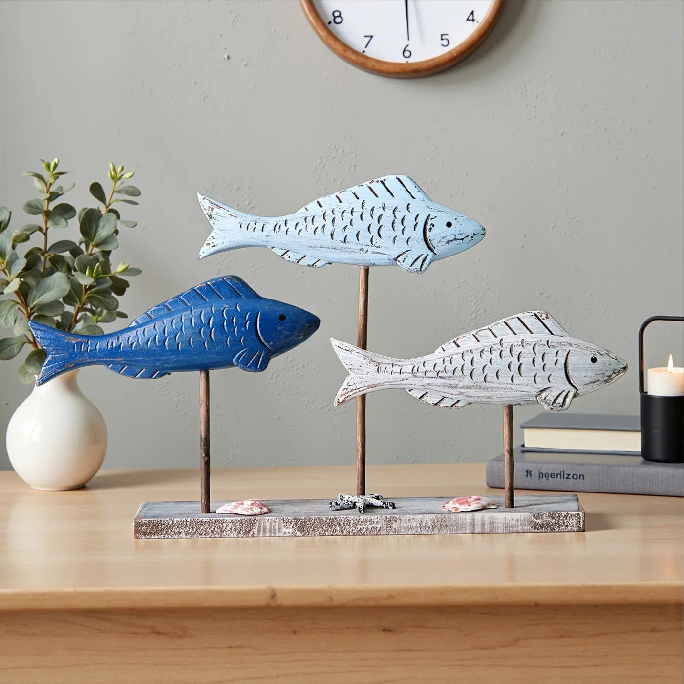 Decoraciones de papel pescado madera 3D estilo Retro océano, pintura hecha a mano, artesanías de océano, adornos escrit