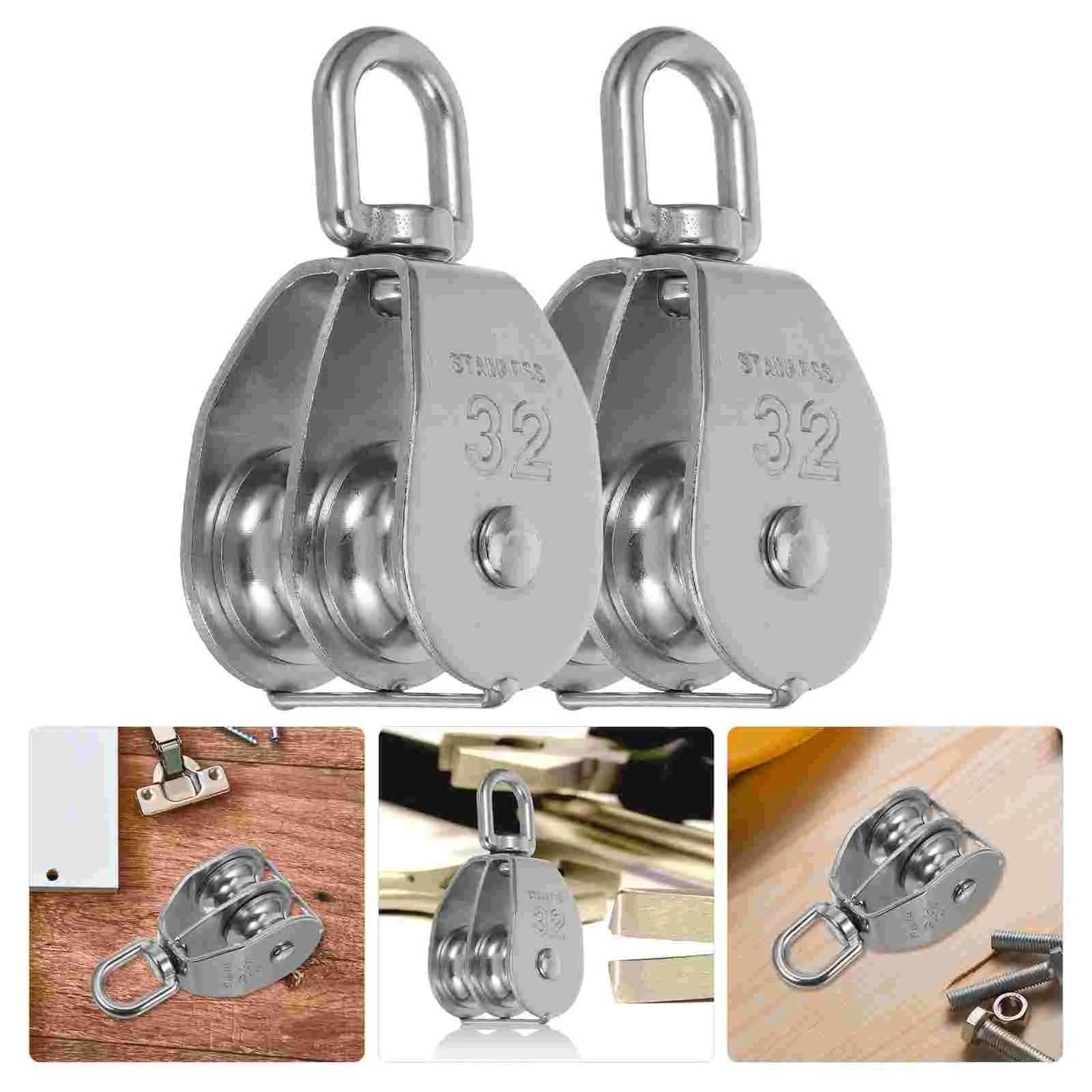 

2Pcs Double Pulley Gym Blocks Stainless Steel Small Wheel Heavy Duty Cable Rope Attachment Fixed Pulleys Lifting Tool