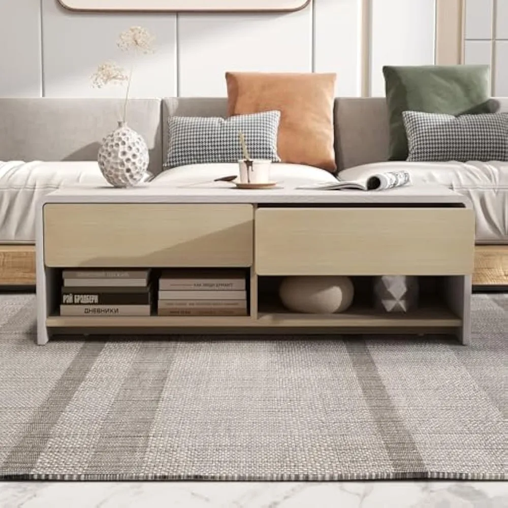 Mesa de centro com gavetas de armazenamento, mesa de chá coquetel moderna de 43 polegadas com 2 compartimentos, mesa central retangular de madeira