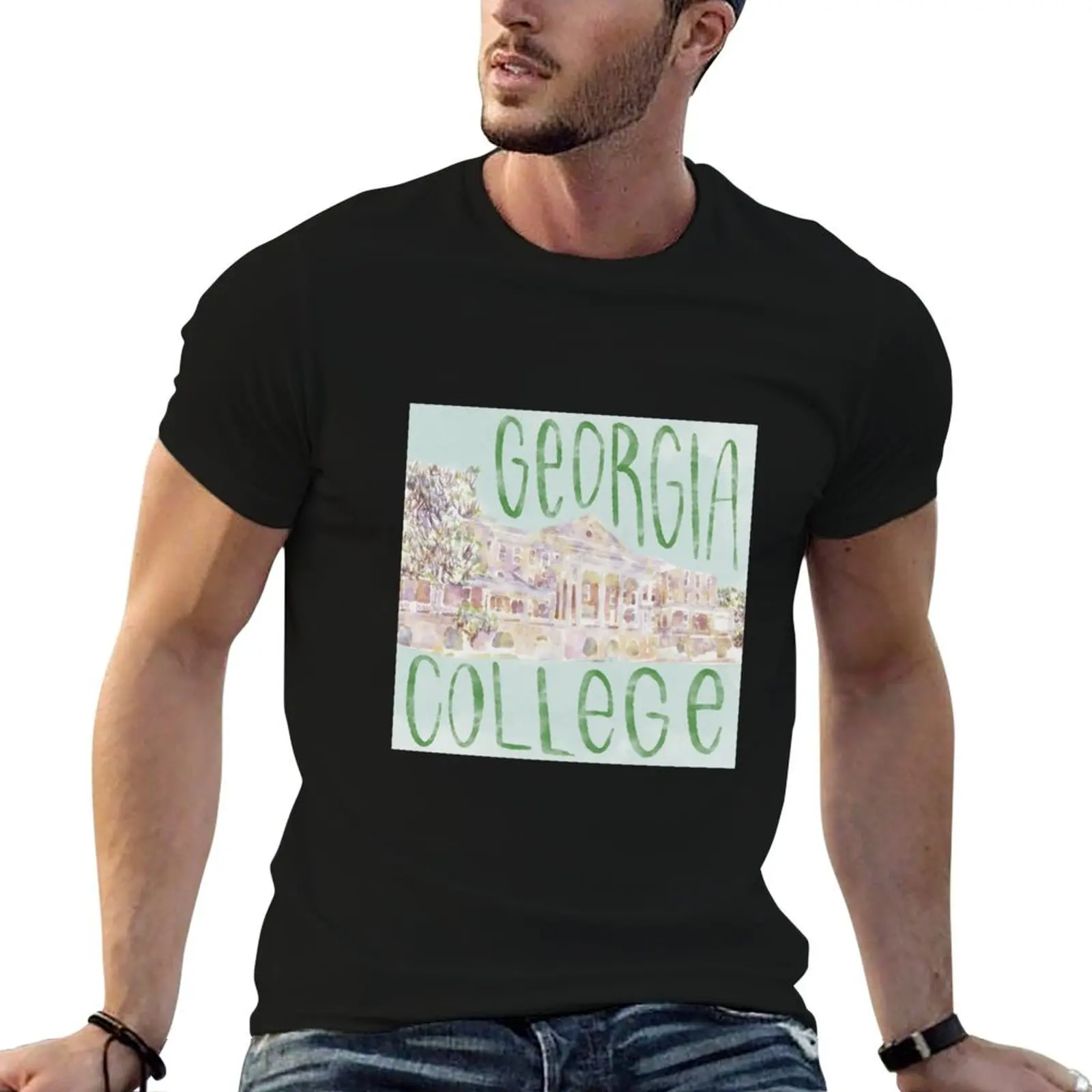 Georgia College Watercolor Sketch T-Shirt Basic Plain Short Sleeve Crew Neck Tee