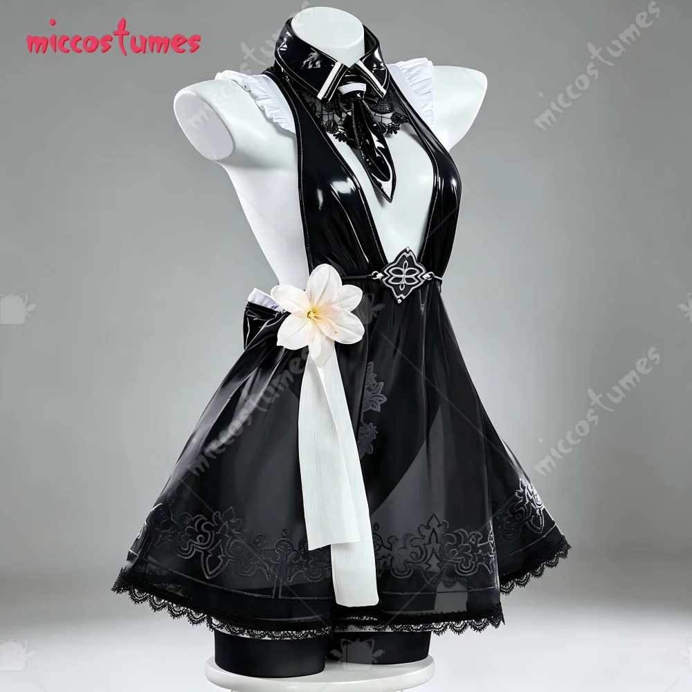 【Versandbereit】Cosplay.fm Damen 2B Schwarzes Sexy Cosplay-Kostüm für Halloween Schwarzes Kleid mit Augenklappe und Handschuhen