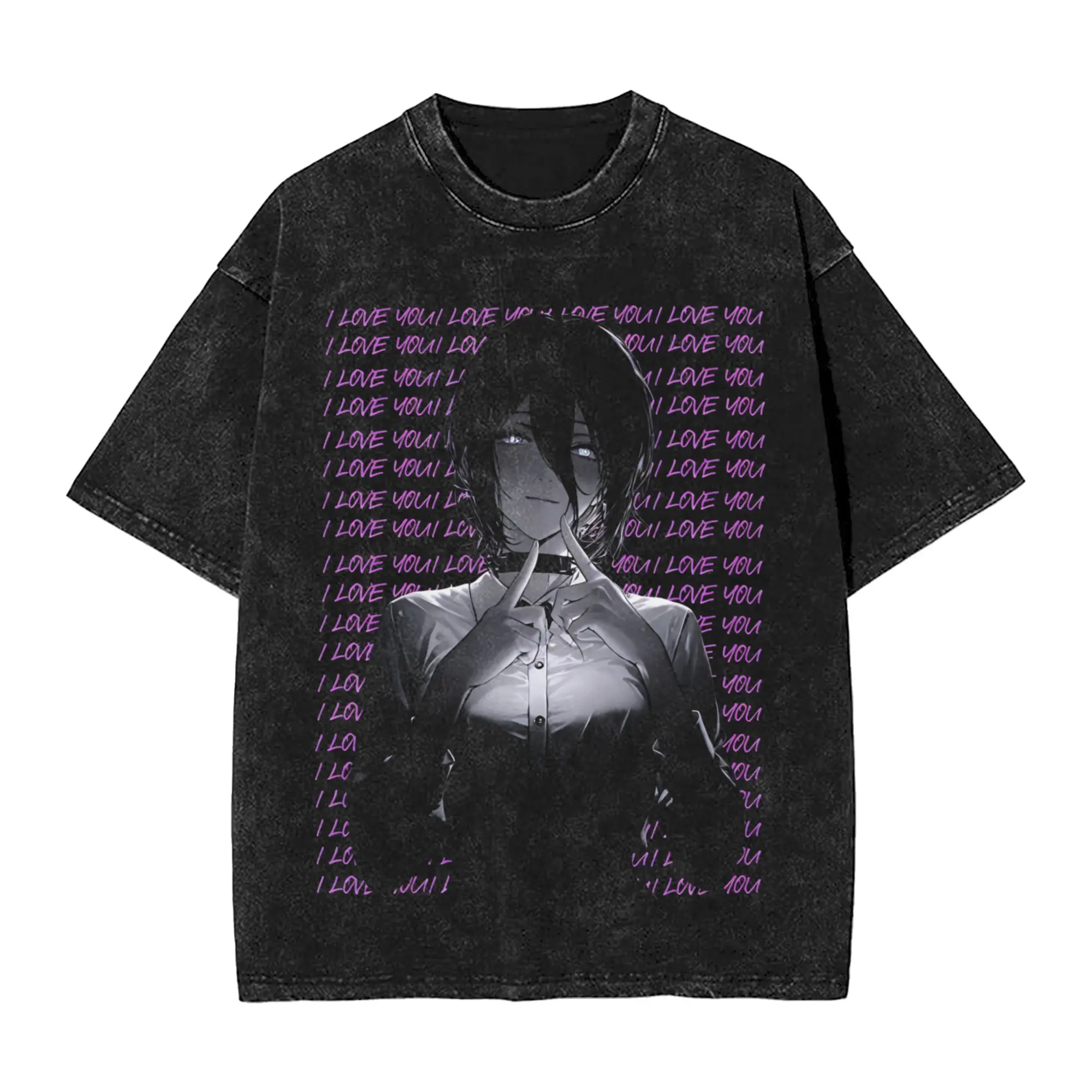 I Love You Chainsaws Man Reze Vintage Washed T Shirt Men's 100%Cotton Tops Shirts Vintage Anime Round Neck Short Sleeve