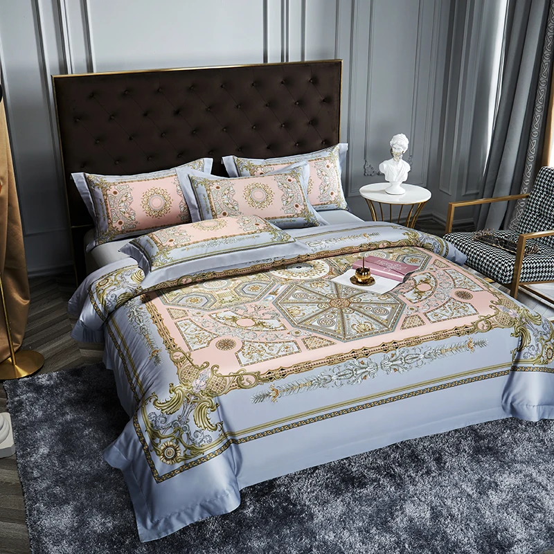 Print satin Bedding Set Egyptian Cotton Bed Linens Sheet Pillowcase Duvet Cover Set Underwear