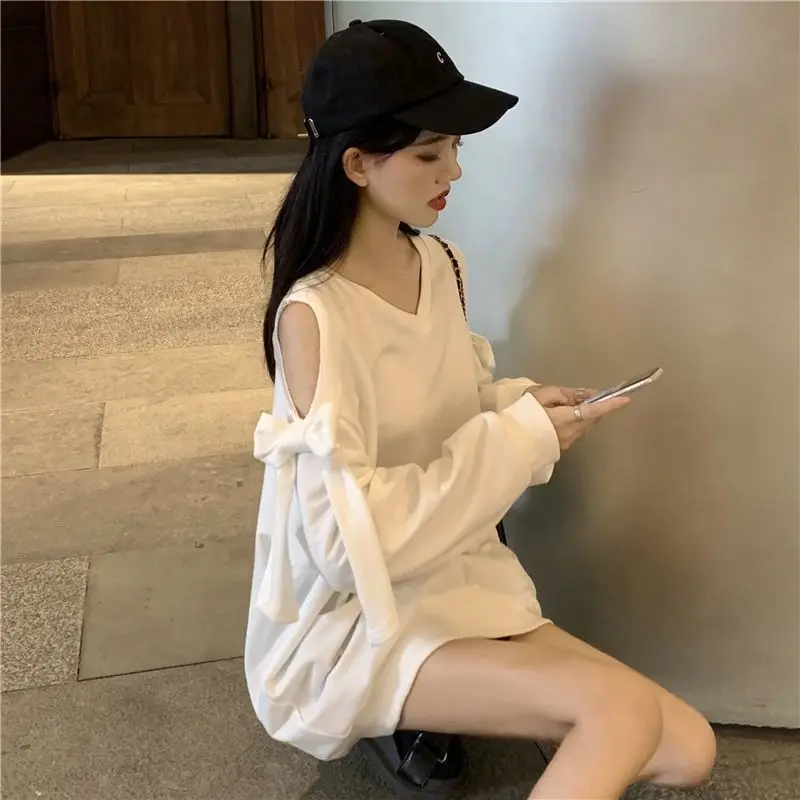 No Hat Hoodies Women Bow V-neck Long Sleeve Solid Sweatshirts Baggy Tops Off Shoulder Cozy Hollow Out Casual Chic All-match Ins