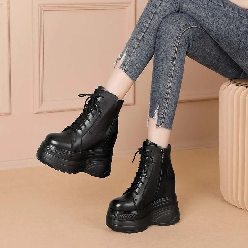 women height increasing 14 cm ankle boots high top sneakers platform ladies elevator shoes genuine leather high heels wedges