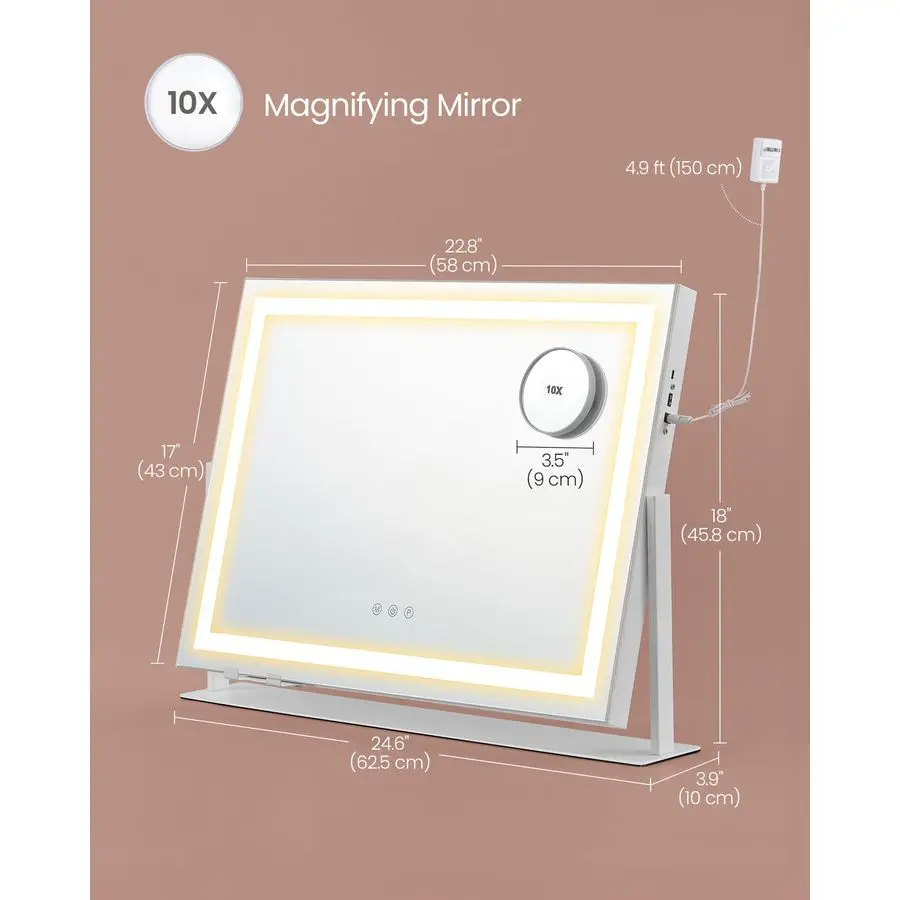 مرآة مكياج فانيتي مع أضواء، تحكم باللمس، زاوية قابلة للتعديل، منافذ شحن، مرآة مكبرة 10 مرات قابلة للفصل، درجة حرارة 3 ألوان #5