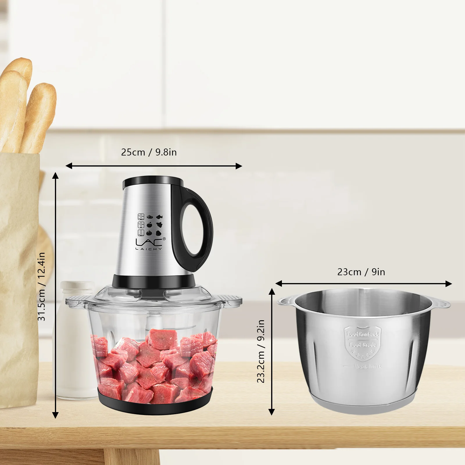 3.8L Electric Meat Grinder Kitchen Household Glass Stainless Steel Double Pot Two-In-One Large-Capacity Food Processing Machine
