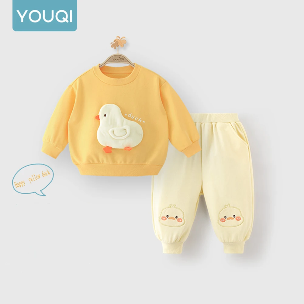 &New الأطفال بطة صفراء سلسلة الخريف الزي 2026 جديد الطفل سبليت توب السراويل الطفل هوديي قطعتين مجموعة لملابس خارجية