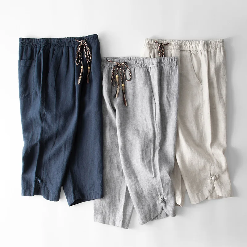 

Linen men's casual cropped trousers loose summer beach pants cotton and linen men's thin