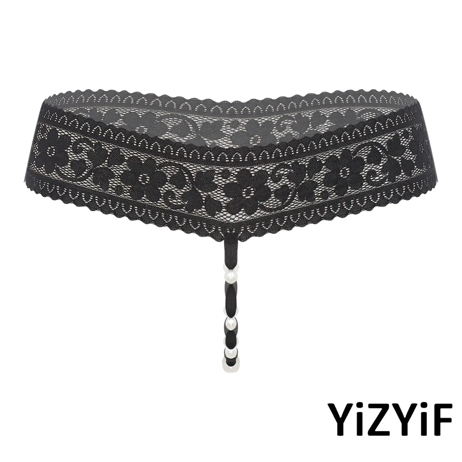

Womens Floral Lace Sexy Thong Panties Faux Pearls on Crotch for Stimulating And Massaging T-back Briefs Underwear for Night Date