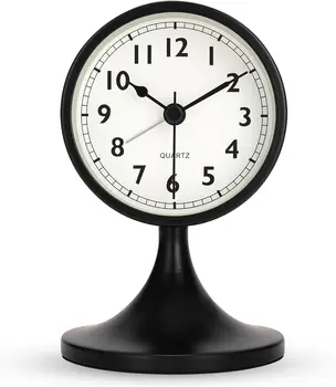 Analogue Alarm Clock with Snooze Function, Night Light, Silent Table Clock Metal Black, Vintage Table Clock without Ticking