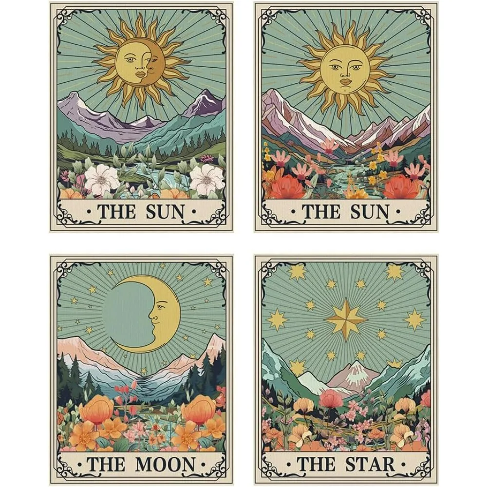 4 Pieces Cute Tapestries Sun & Moon Tarot Small Size Aesthetic Tapestry Wall Hanging Vintage Aesthetic Home Decoration