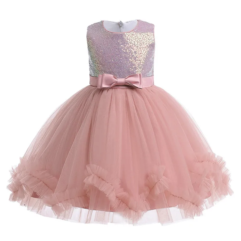 

Sequin Puffy Princess Dress For Girls Kids Wedding Birthday Tulle Bow Prom Gown Teens Sleeveless Puffy Clothes Evening Ball Gown