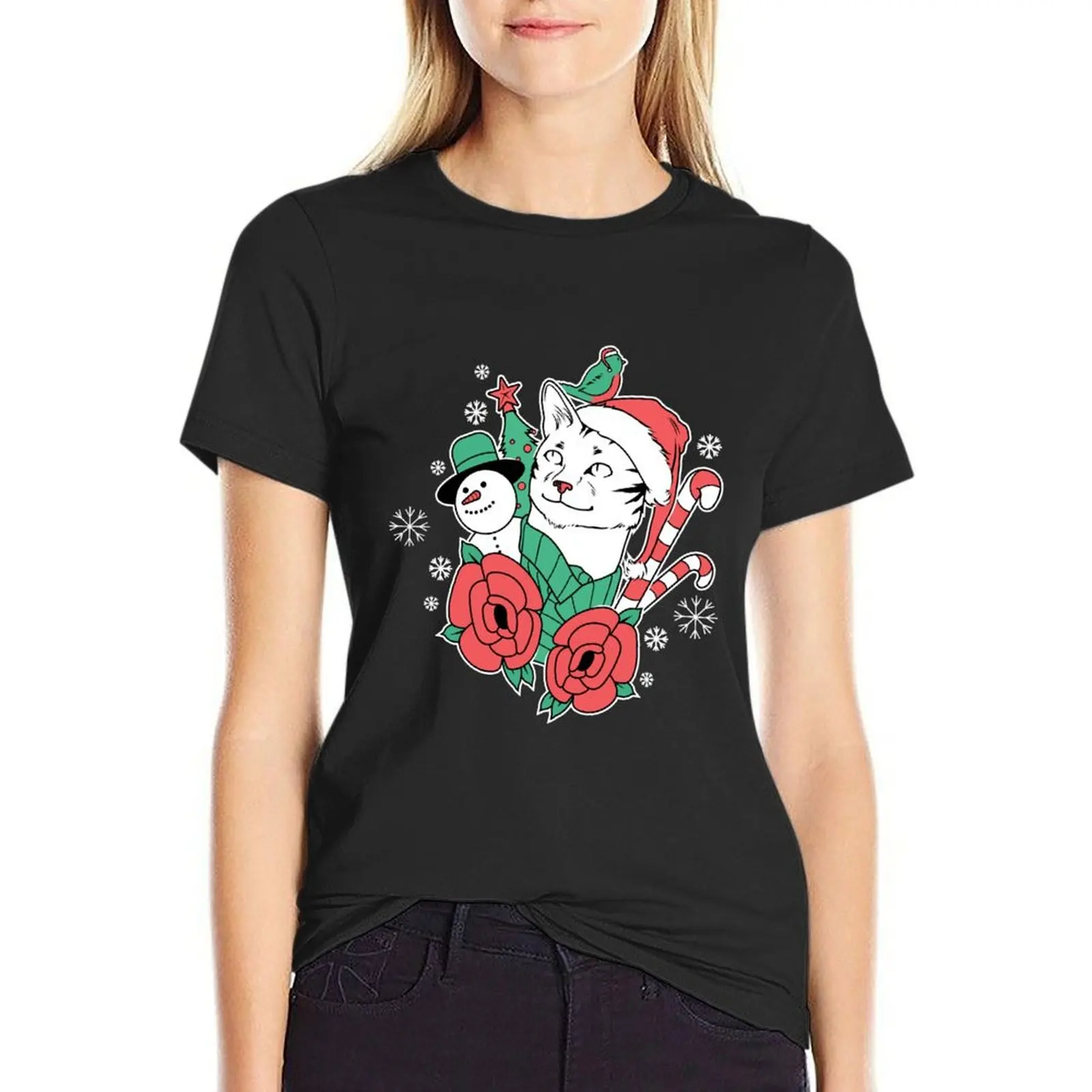 

Christmas cat T-Shirt plus size tops tops Short sleeve tee white t-shirts for Women