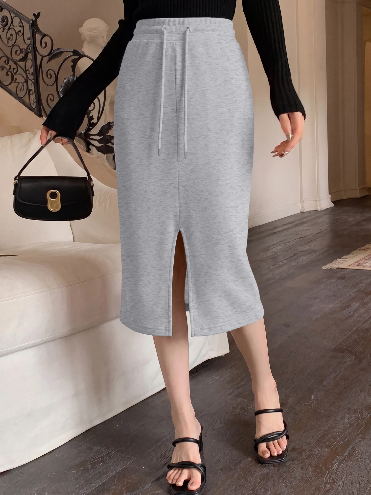Fashion Women High Stretch Bodycon Midi Skirt Drawstring Elastic Waist Front Split Sweat Skirt Slim Street Dating Party Skirts