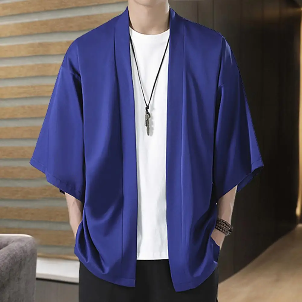 

Men Breathable Shirt Japanese Style Men's Kimono Cardigan Solid Color Samurai Costume Asian Clothes Jacket 3/4 Sleeve