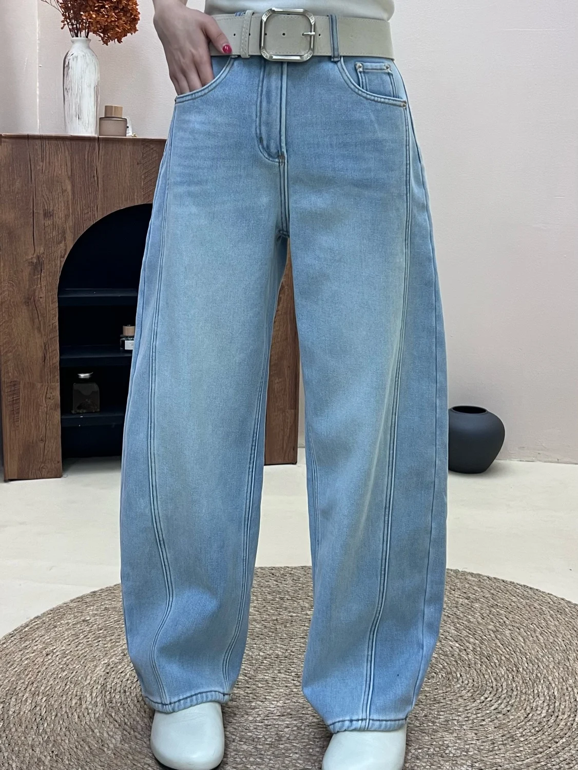 

Свободные повседневные джинсы однотонного дизайна, женские модные универсальные классические синие джинсовые брюки свободного кроя