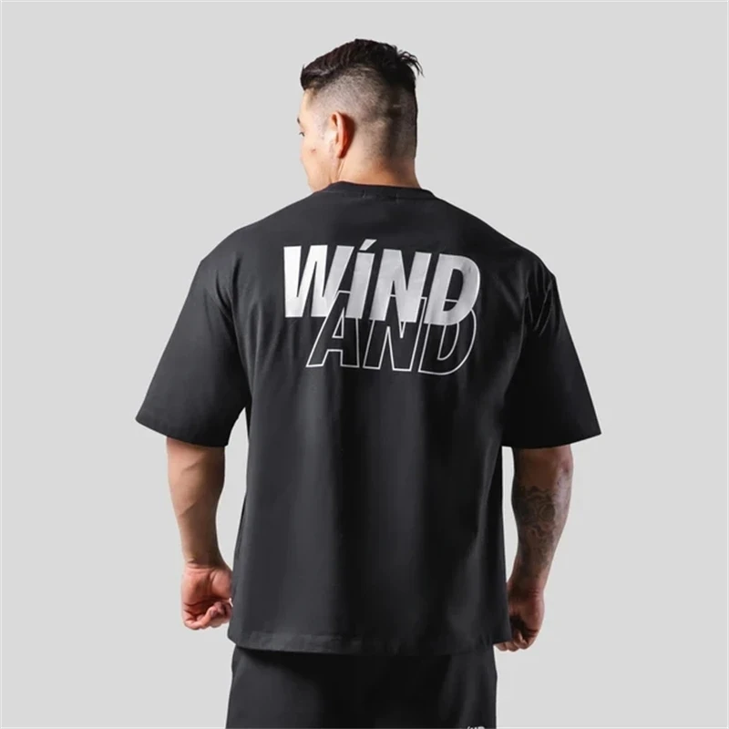 LYFT Summer Men T Shirt Letter GYM Print Mens Oversize Hip Hop Short Sleeve Casual Cotton Mens Streetwear Top Tees Active Shirt
