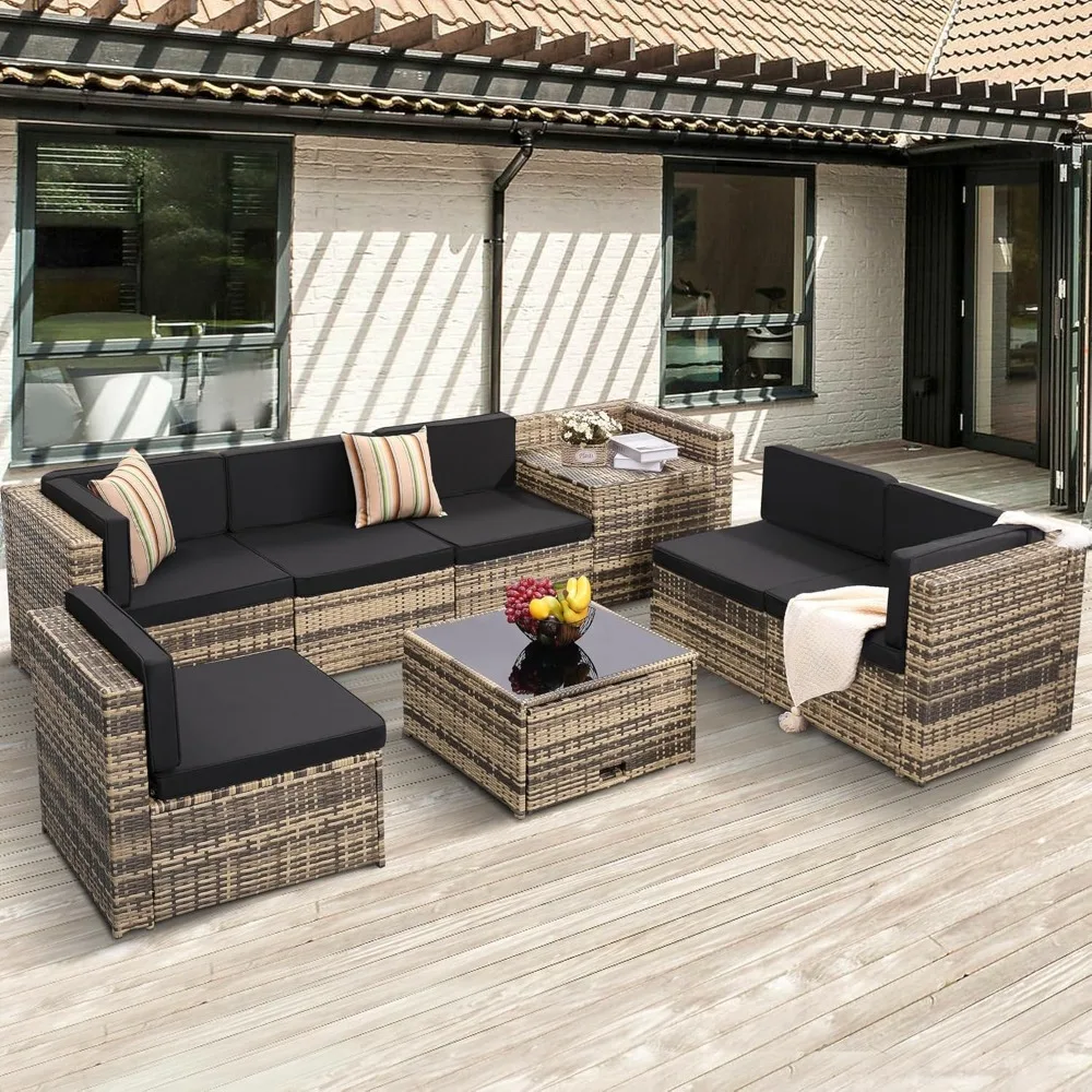 8 Piece Outdoor Wicker Patio Furniture Sectional Set, Glass Top Table with Hidden Storage, Includes 7 Seating Components, Natura