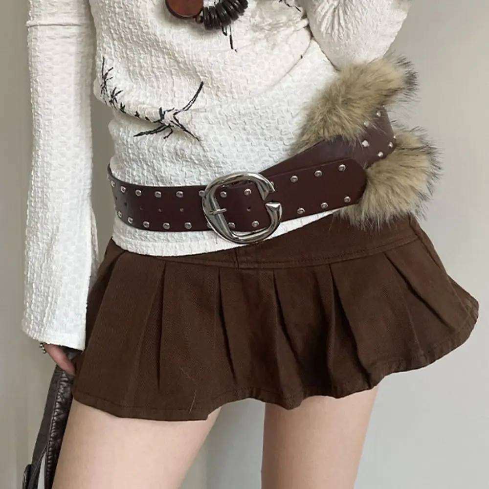 Fashion Rivet Leather Fur Belt Faux Fur Punk Y2K Waistband Retro Western Style Plush Belt Women