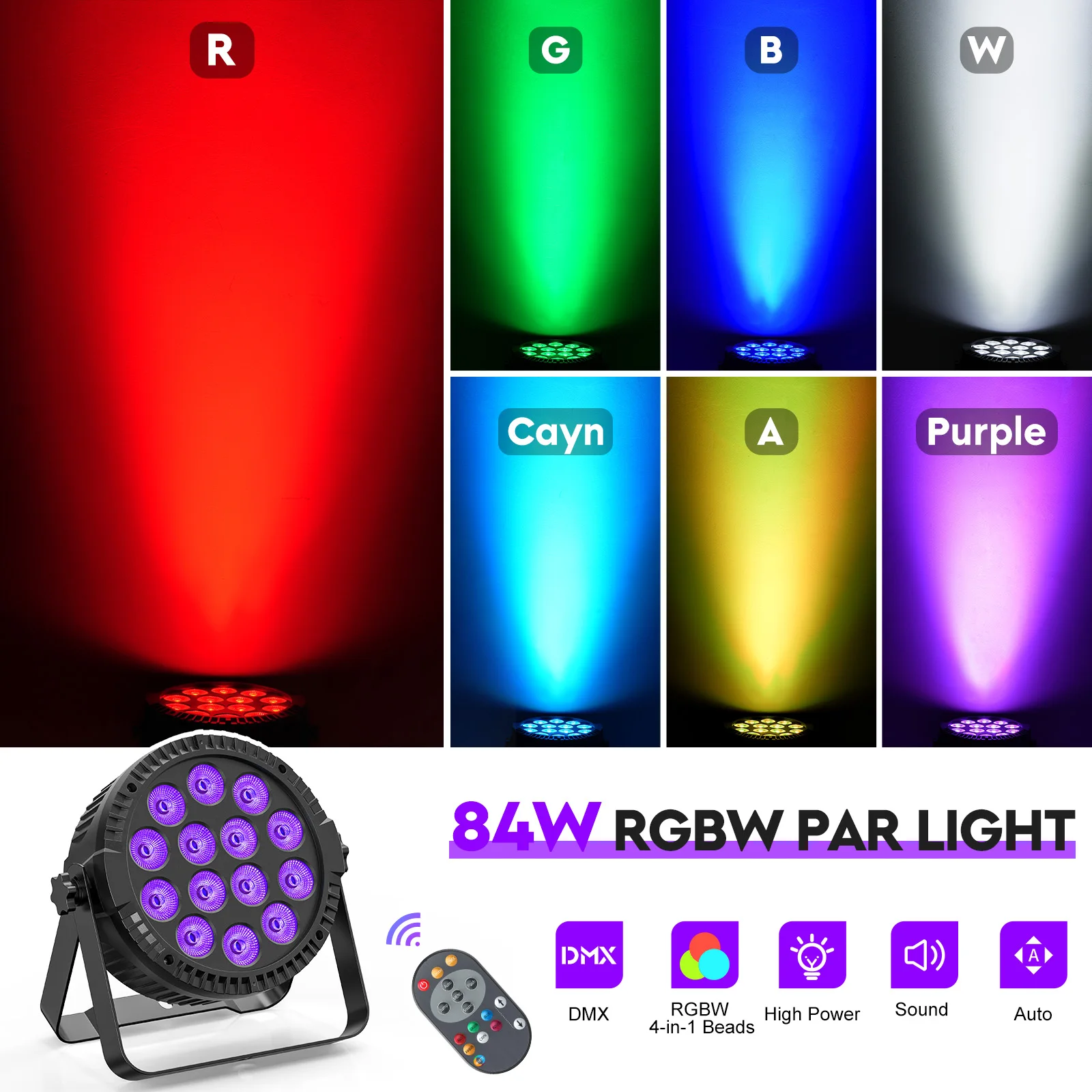 U\'King 84W Par Lights 4IN1 RGBW 14LED Rainbow Effect Stage Lights With Remote Control DMX512 For Party Wedding Dance DJ Disco