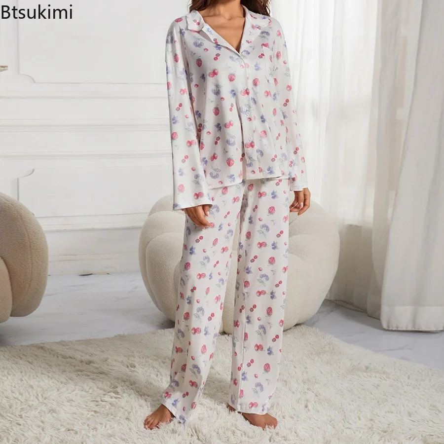 2026 Women's Casual Flower Print Pajama Set Long Sleeve Button Shirt with Pocket and Loose Wide Leg Pants Pajama Sets Sleepwear