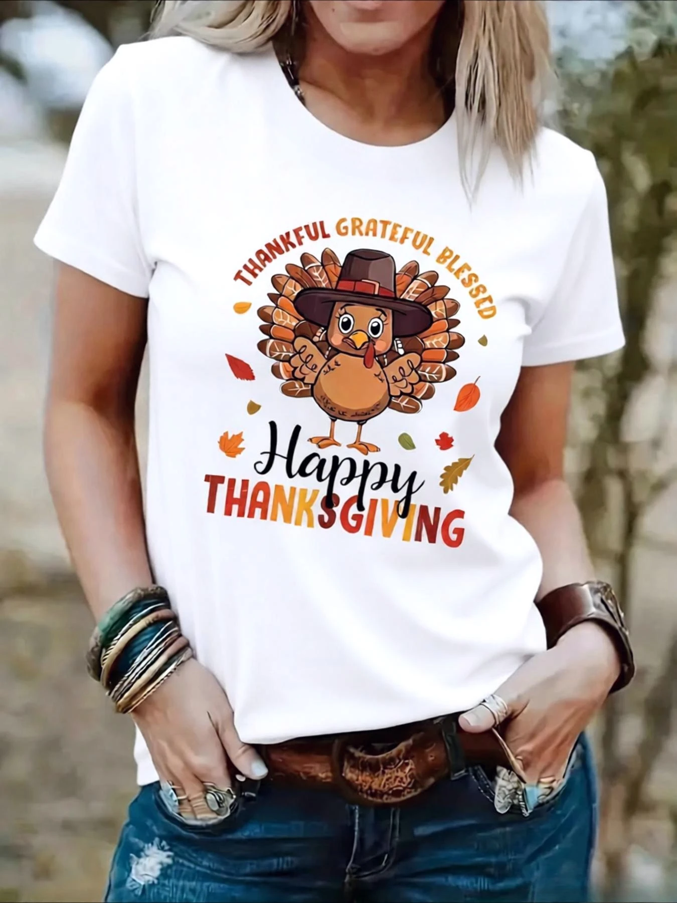 Thanksgiving Turkey Graphic Print T-Shirt for Women Casua Comfort O-Neck Alphabet Pattern Design Casual Thanksgiving & Fall Tops