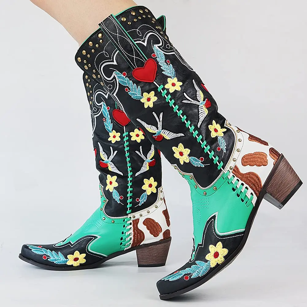 BONJOMARISA Western Cowboy Women Boots Cowgirl Mid Calf Boots Heart Retro Embroidered Slip On Chunky Casual Spring Shoes Woman