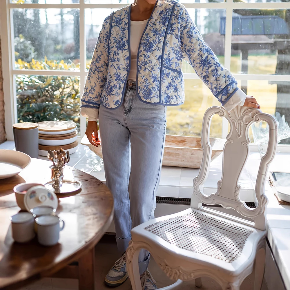 เสื้อแจ็คเก็ตผ้าฝ้ายทรงหลวมแฟชั่นสตรีแขนยาวน้ำหนักเบาเปิดด้านหน้าพิมพ์ลายหรูหรา