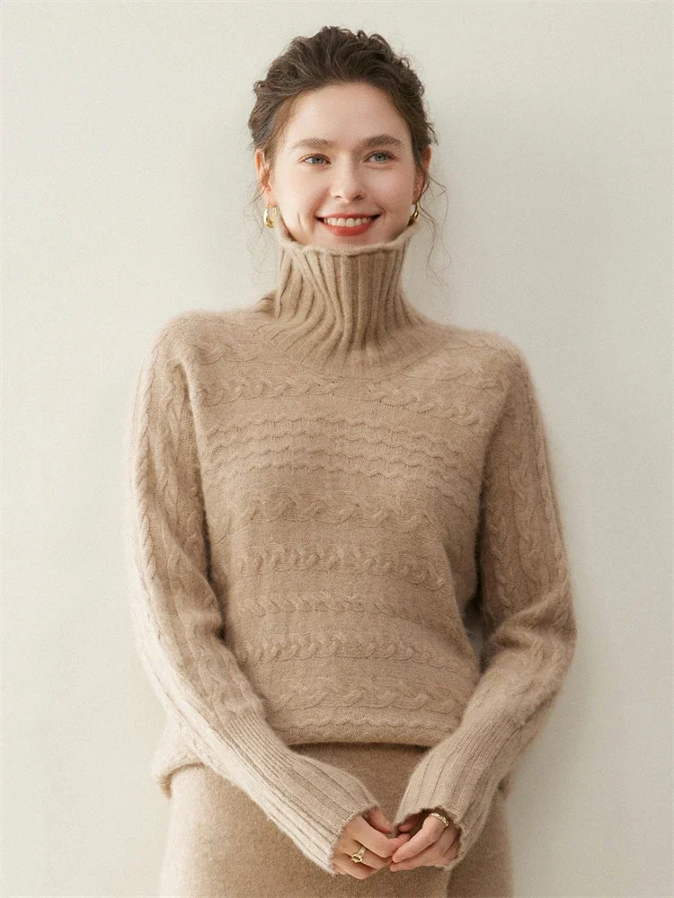 Tcyeek Autumn Winter Sweater Women's High Lapel Pullover 100% Cashmere Sweater Loose Horizontal Knitting Jacquard Warm Clothing