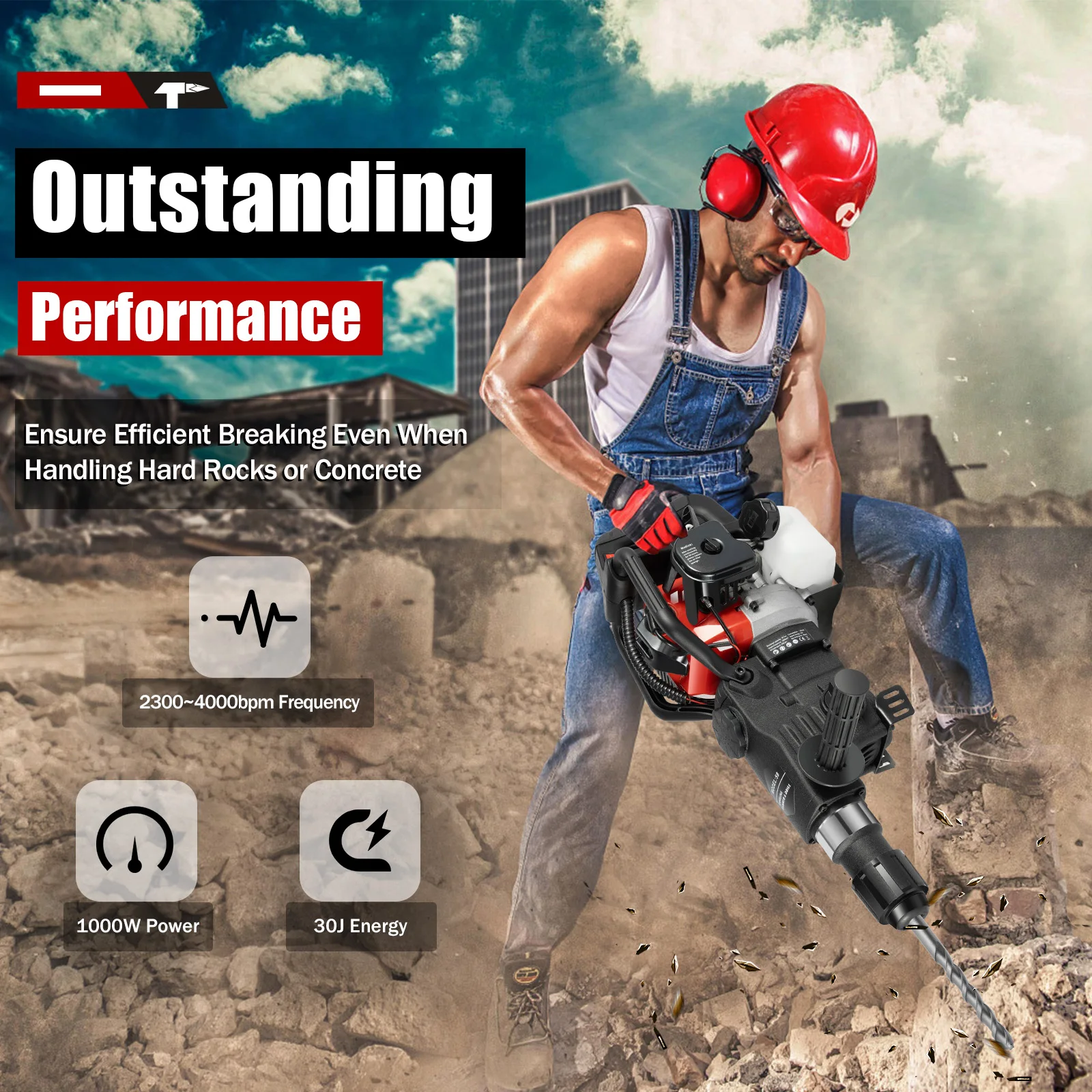 

1000W Demolition Jack Hammer 2300~4000bpm Heat-Resistant Ground Slotting Rock Breaking Wall Drilling Tools