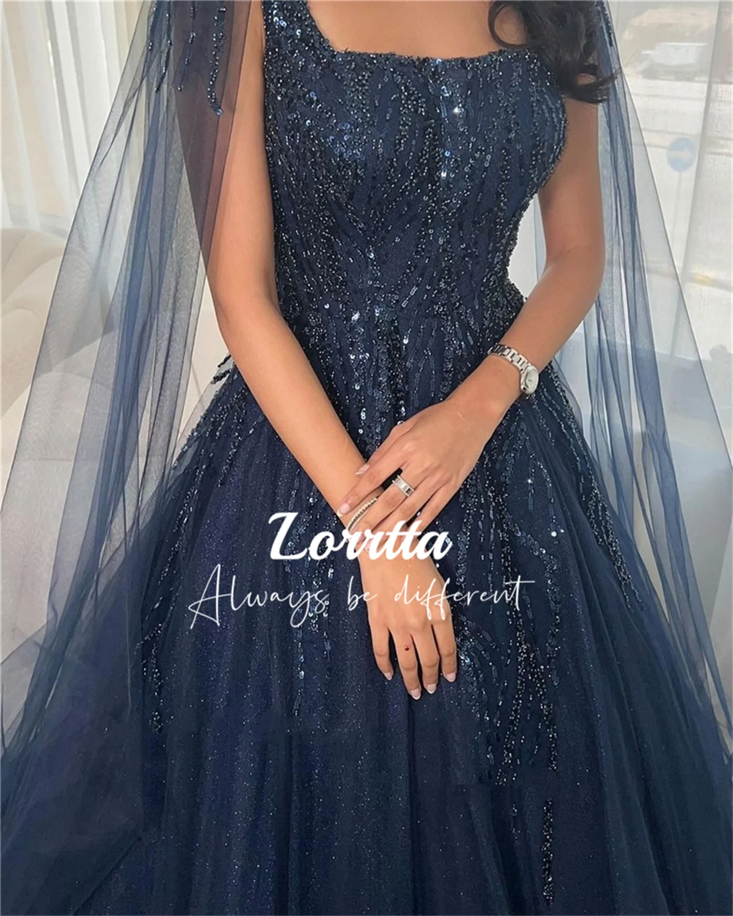 Customized Tailing Mesh Bead Glitter Decoration Navy Blue Shawl Evening Dress Fluffy Graduation Dresses With Long Sleeves Formal