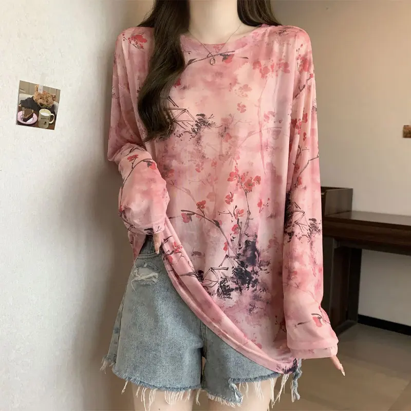 Chinese Style Ink Painting T-shirt Summer Thin Long Sleeve Women\'s Clothing Vintage Casual Loose Fashion Round Neck Pullovers