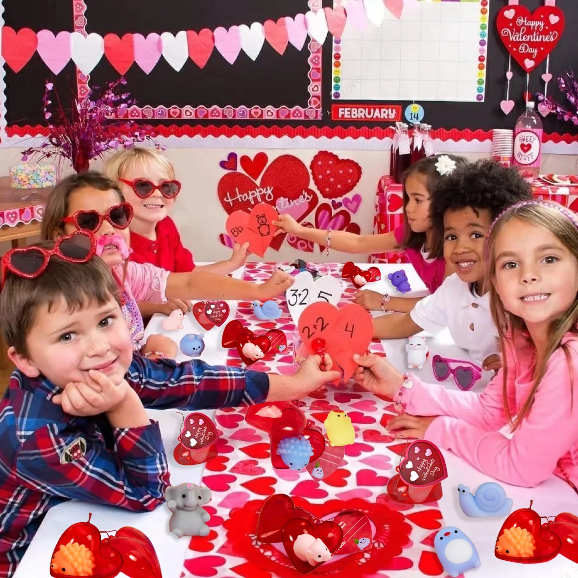 Valentine Mochi Squishies with Heart Boxs Cards Mini Animal Stress Relief For Classmate Valentine\'s Exchange Gifts