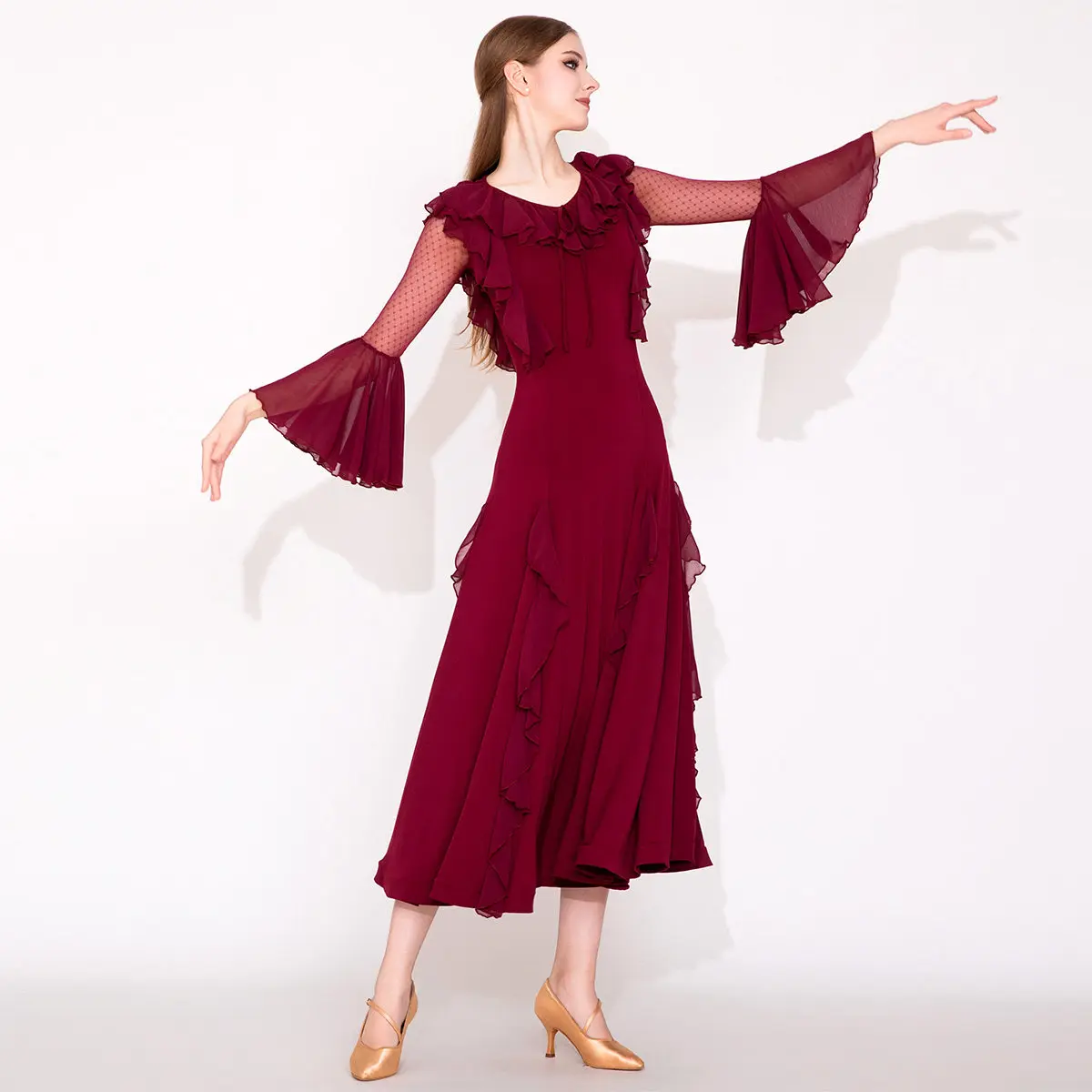 

Adult Modern Dance Dress Magenta Ballroom Performance Dance Costume Practice Uniform Elegant Bell Sleeve Large Swing Dance Dress