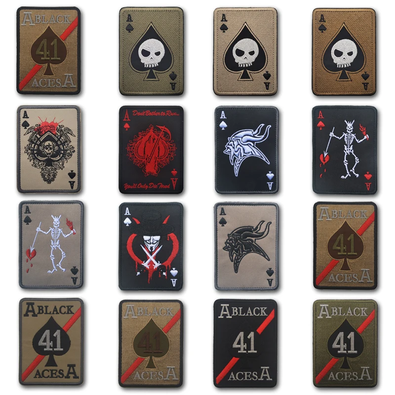 Death Card Poker Ace of Spades Patches Embroidery hook loop Punk Military Badges Tactical Patch For Clothing Bag Diy Accessories