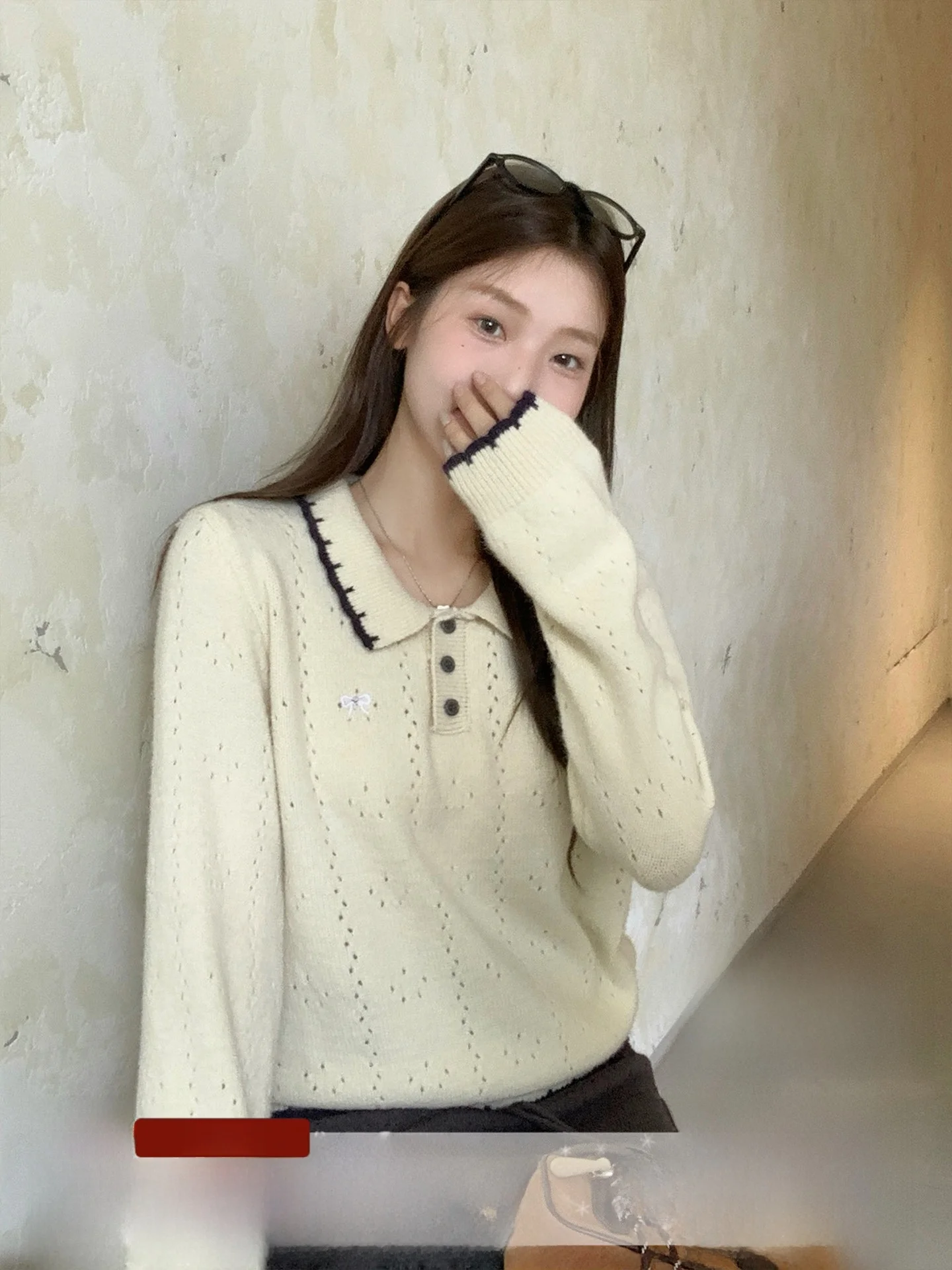

Sweet Sle Knitted Sweater with Embroidered Knot Hollow out Loose Fit for Young Women Korean Sle Long Sve Top